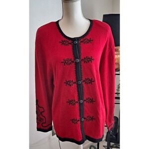Womans L Vintage Susan Bristol Cardigan Red And Black Aisian‎ Motiff